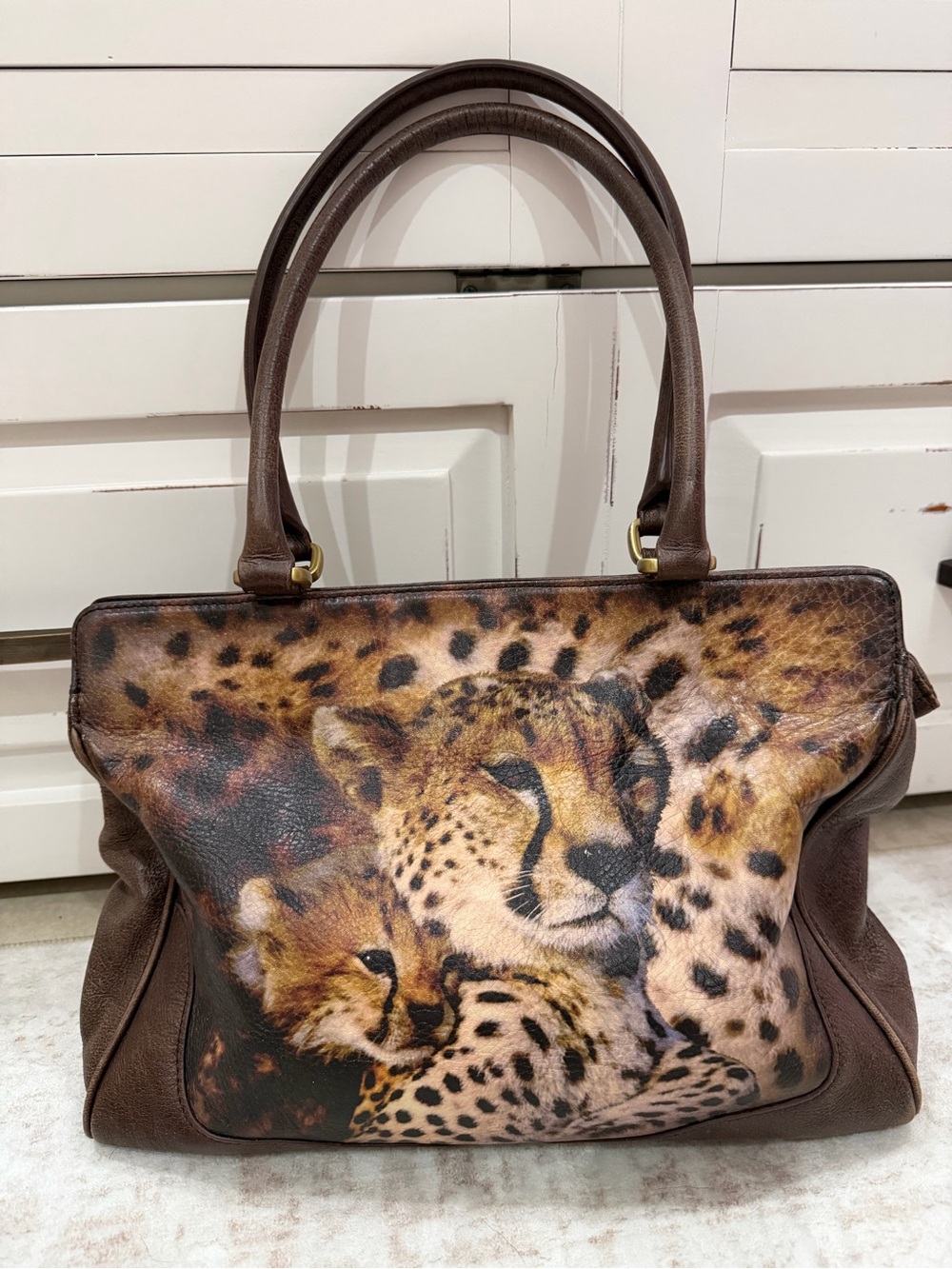 ICON Los Angeles Genuine Leather Cheetah Wildlife Art Shoulder Bag Tote